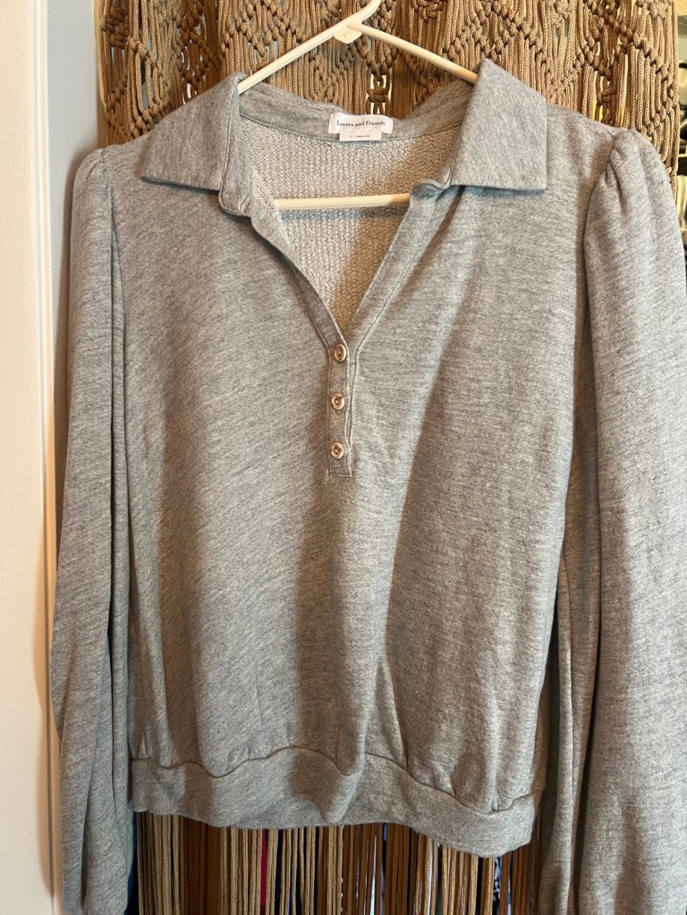 Lovers + Friends Light Gray Polo Henley Sweatshirt